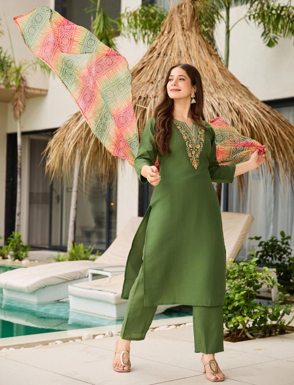 Mesmeric Mehandi Rayon Embroidery Work Suit Set