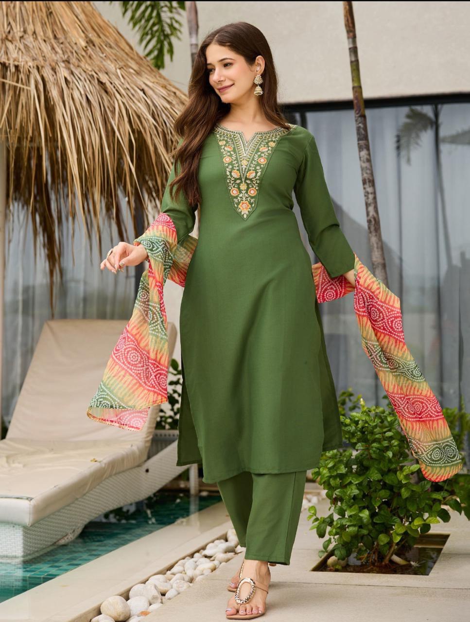 Mesmeric Mehandi Rayon Embroidery Work Suit Set