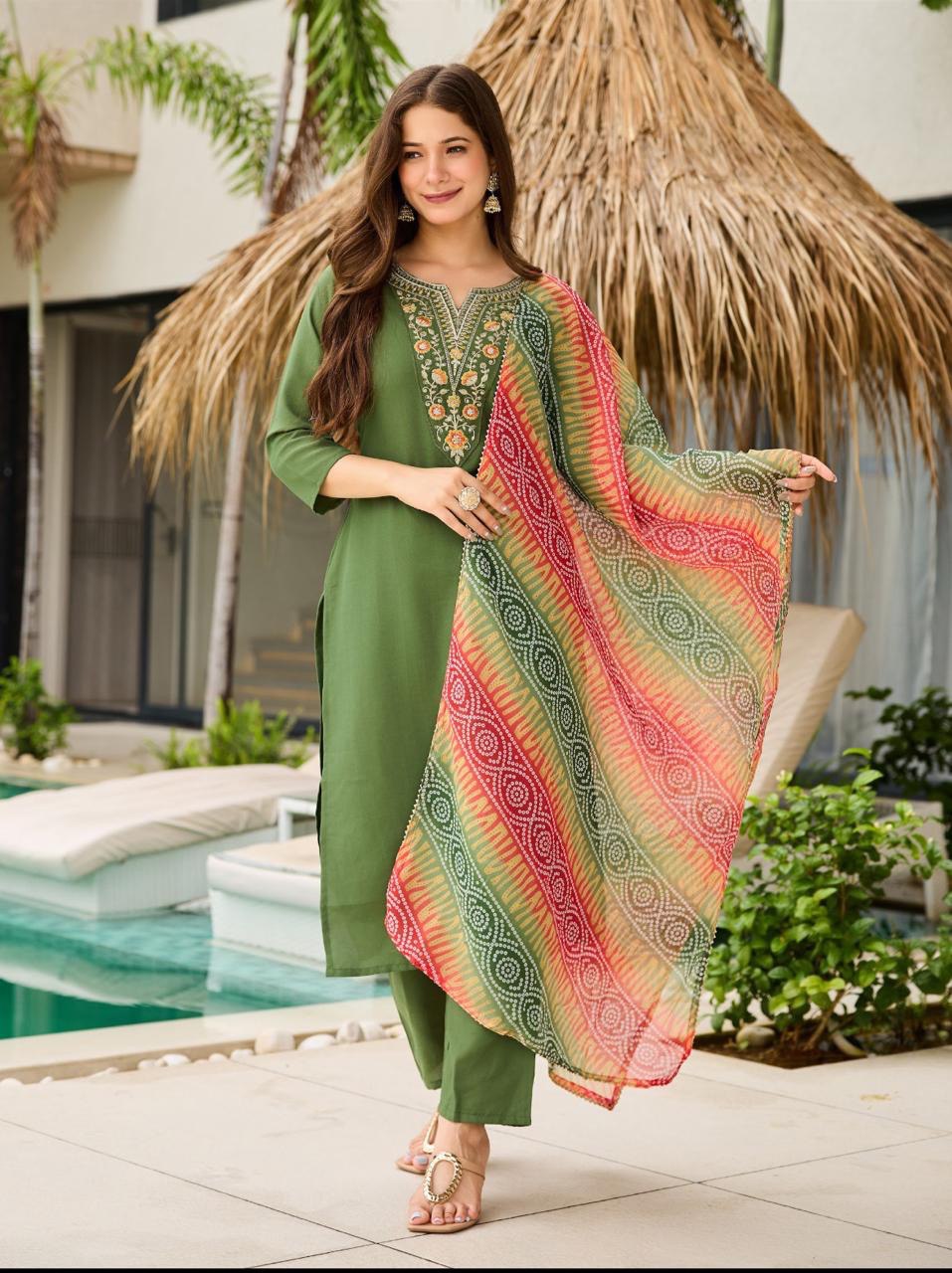 Mesmeric Mehandi Rayon Embroidery Work Suit Set
