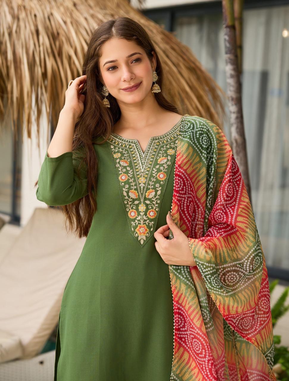 Mesmeric Mehandi Rayon Embroidery Work Suit Set
