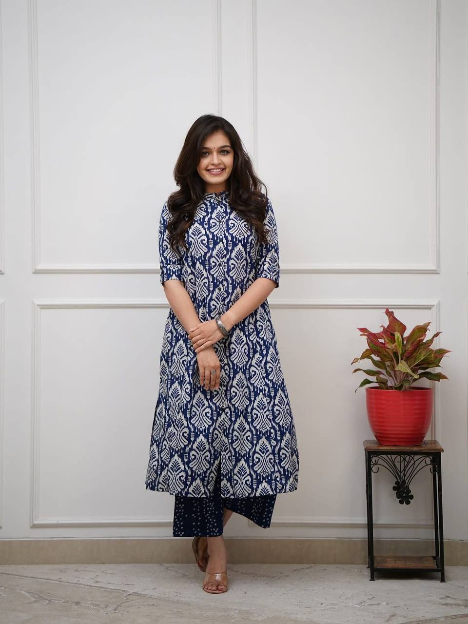 Cynosure Blue Pure Cotton Slub Printed Kurta Set