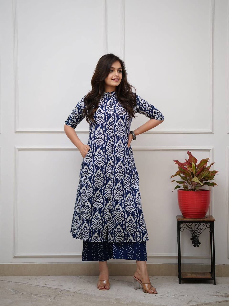 Cynosure Blue Pure Cotton Slub Printed Kurta Set