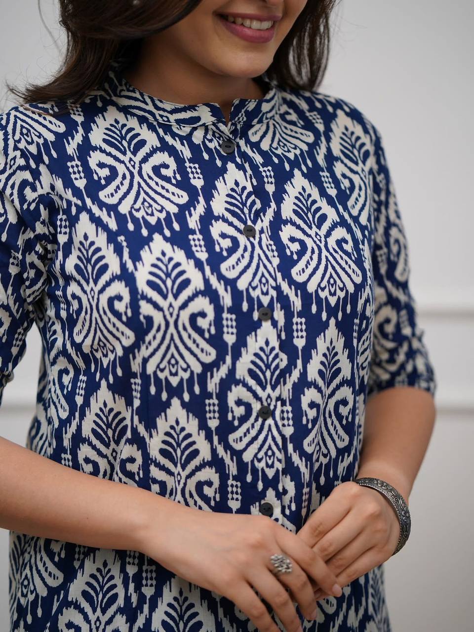 Cynosure Blue Pure Cotton Slub Printed Kurta Set
