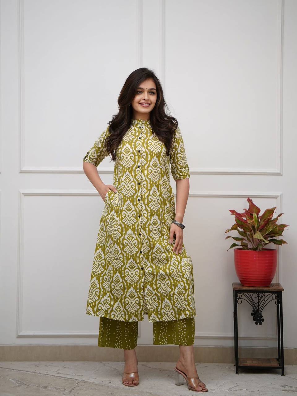 Ailurophile Mehandi Pure Cotton Slub Printed Kurta Set