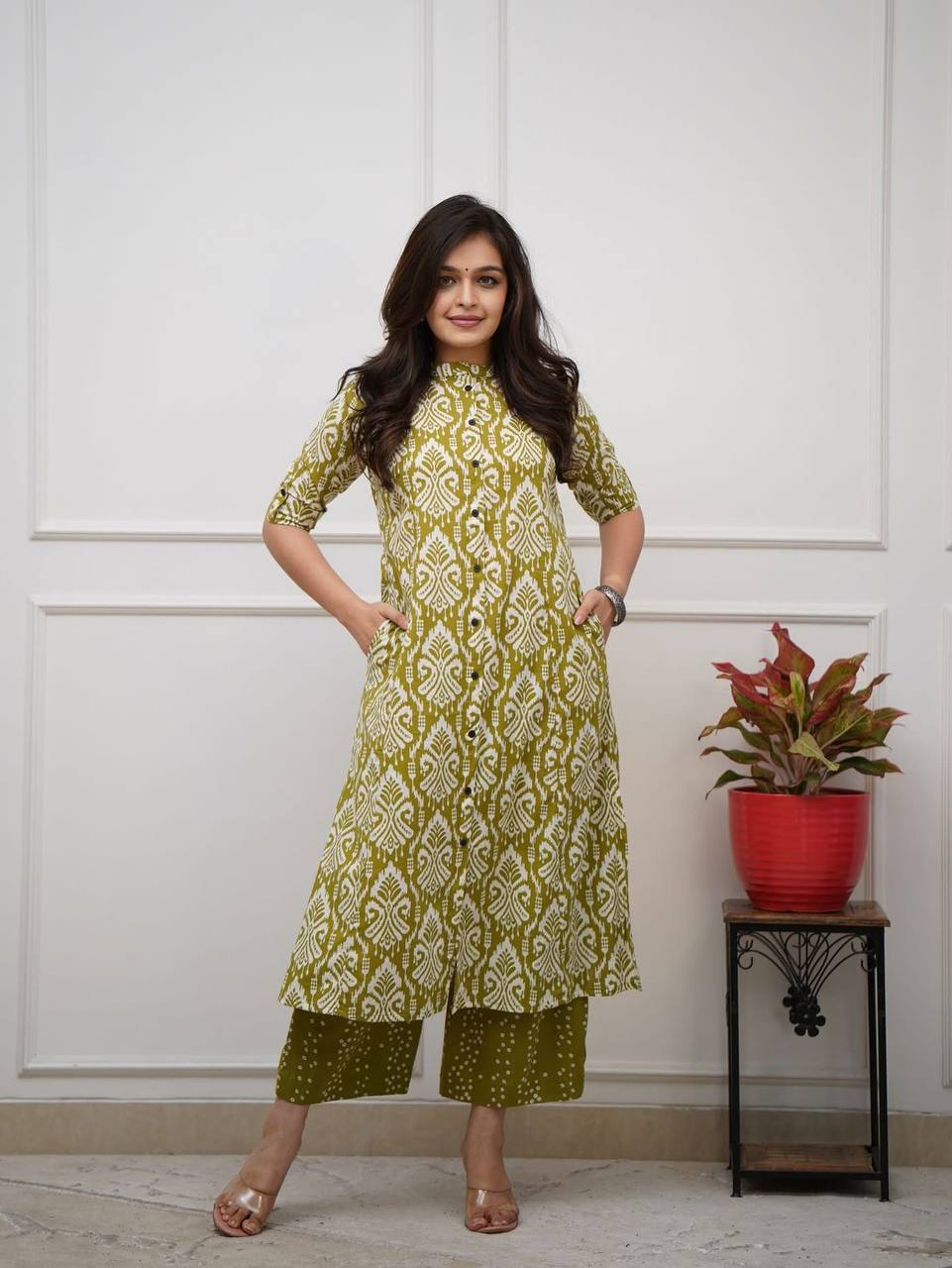 Ailurophile Mehandi Pure Cotton Slub Printed Kurta Set