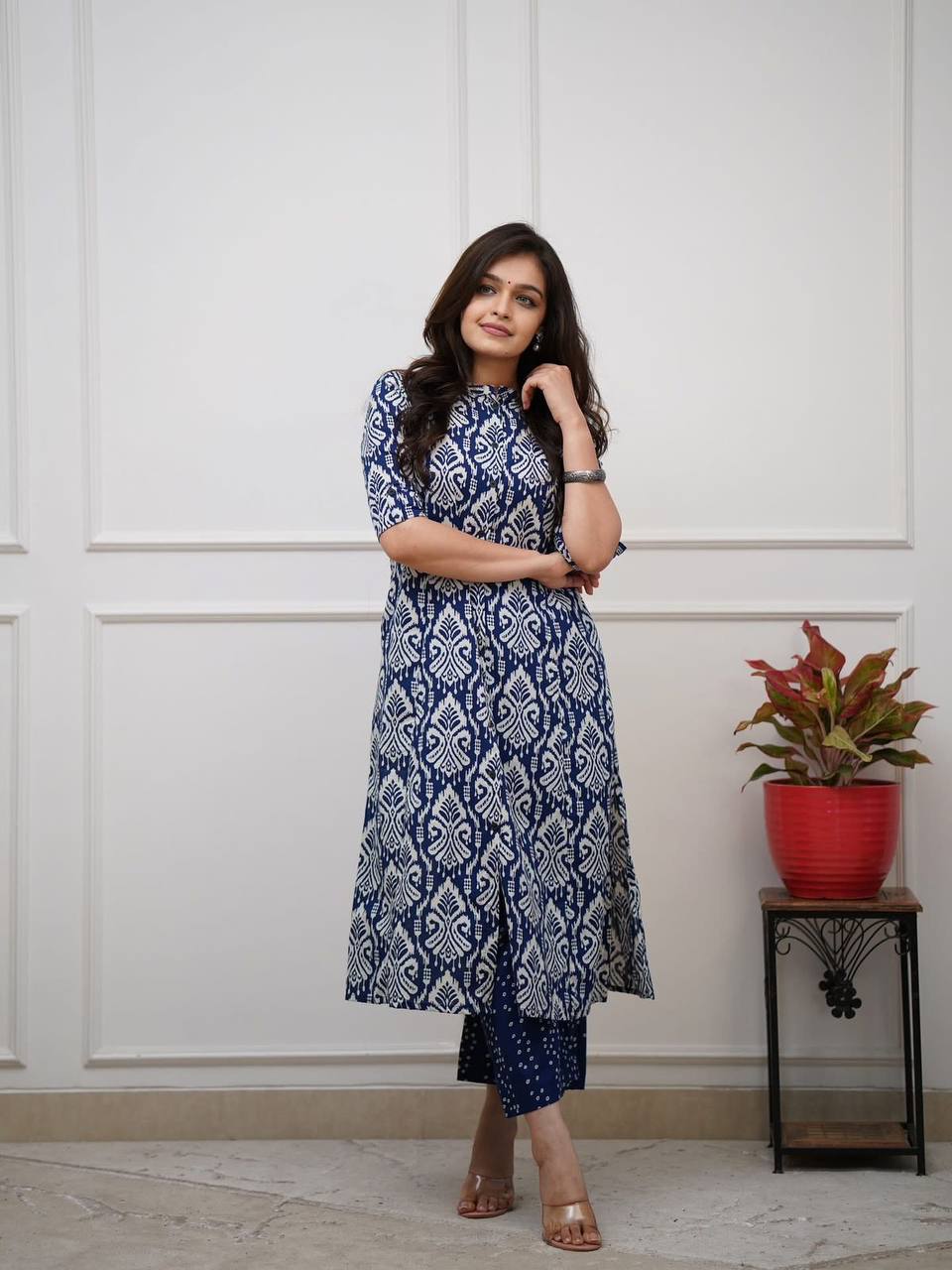 Cynosure Blue Pure Cotton Slub Printed Kurta Set