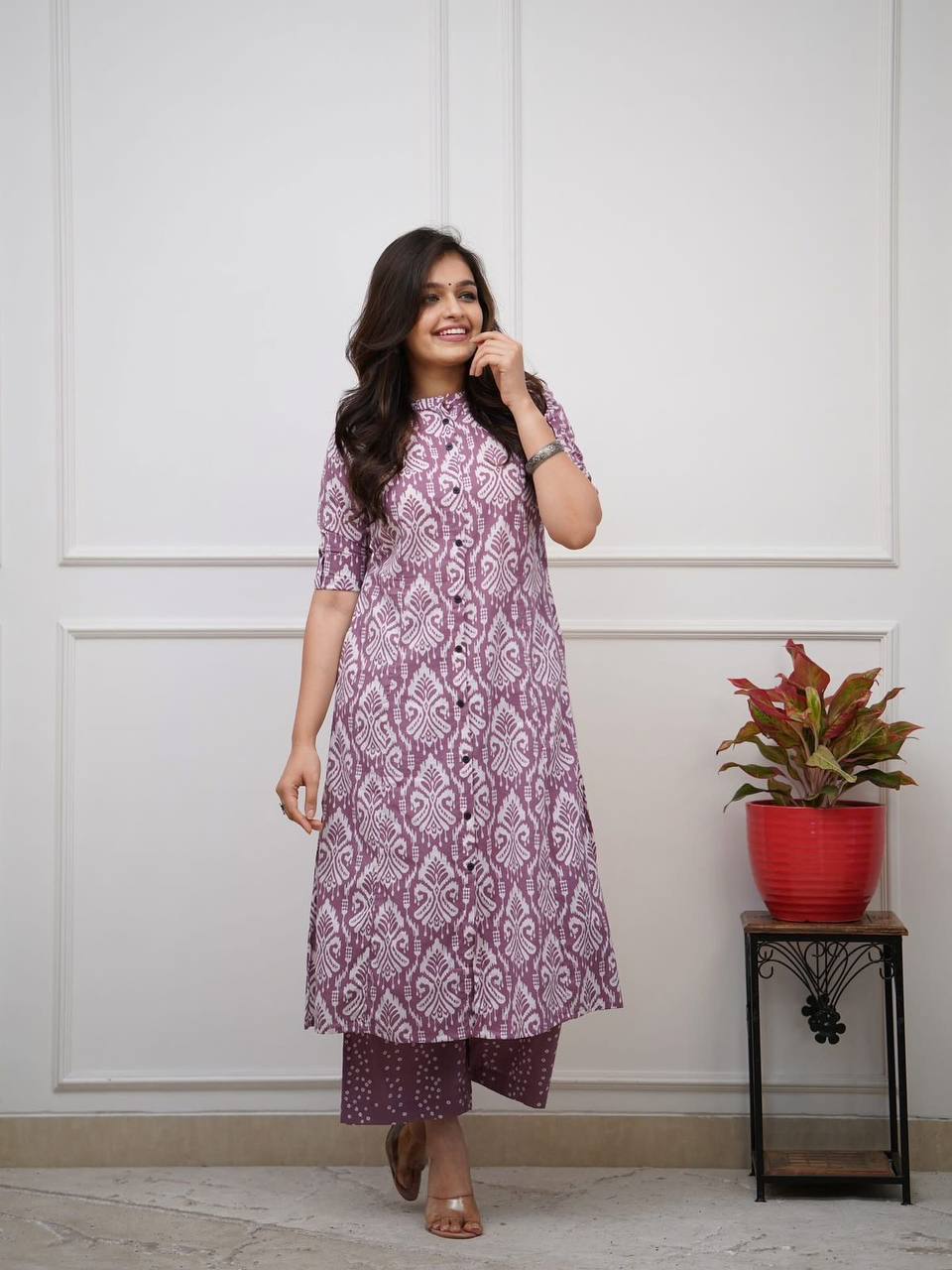 Palimpsest Lavender Pure Cotton Slub Printed Kurta Set