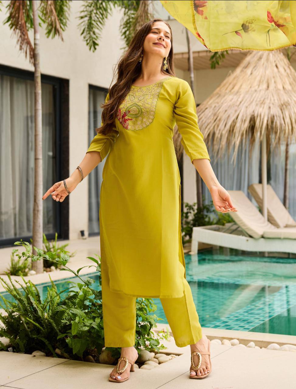 Symmetrical Mustard Rayon Embroidered Work Suit Set