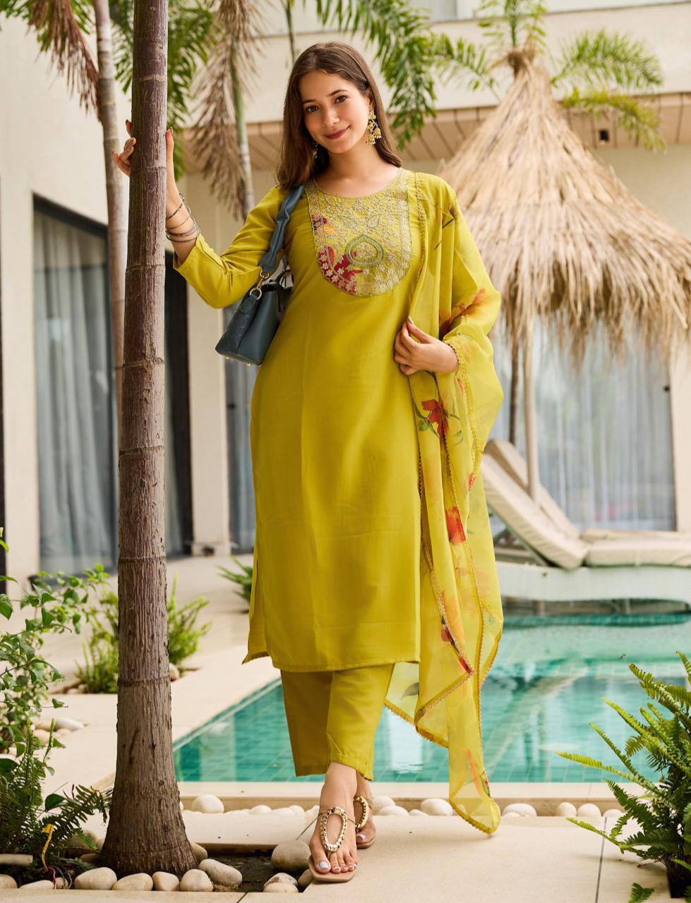 Symmetrical Mustard Rayon Embroidered Work Suit Set