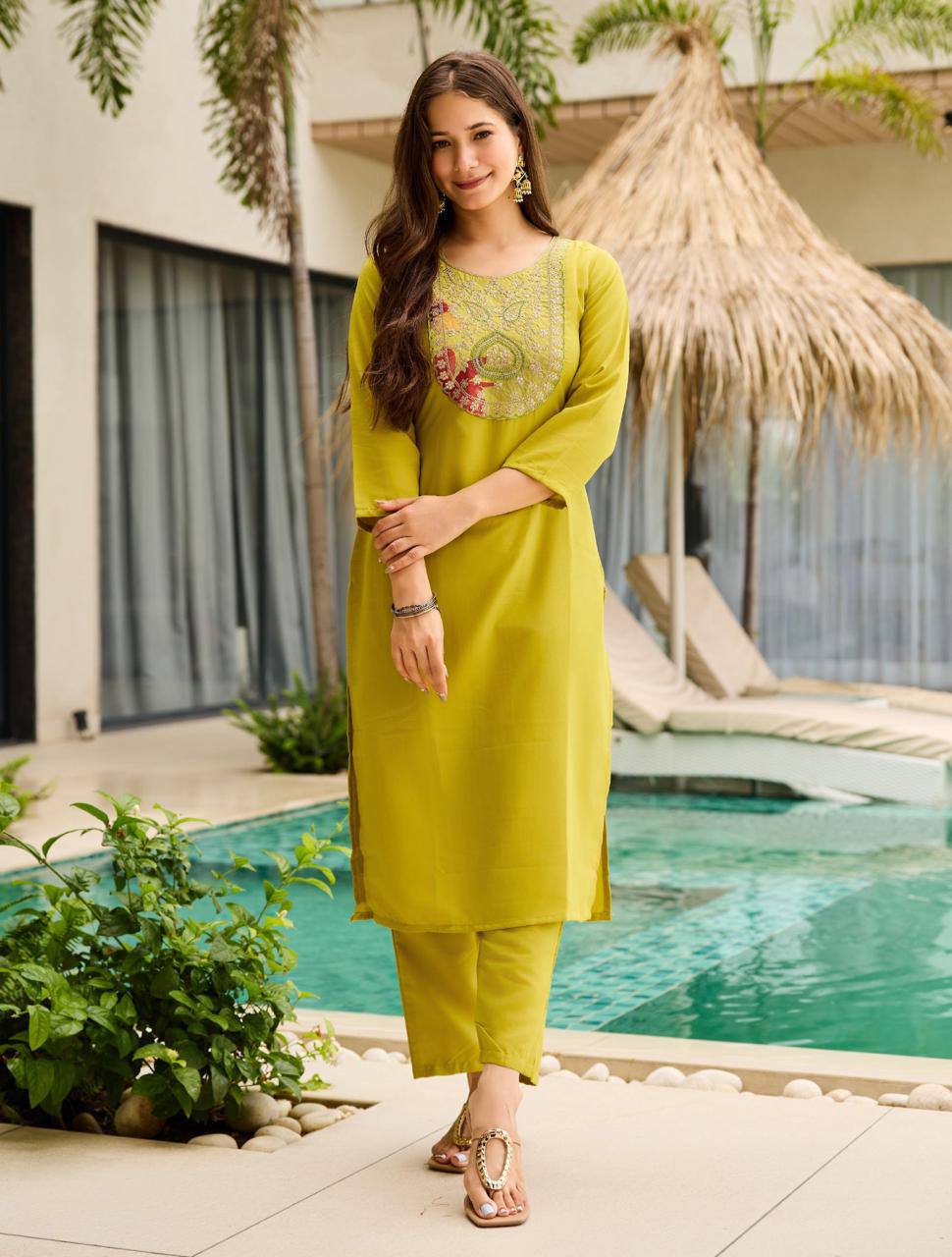 Symmetrical Mustard Rayon Embroidered Work Suit Set