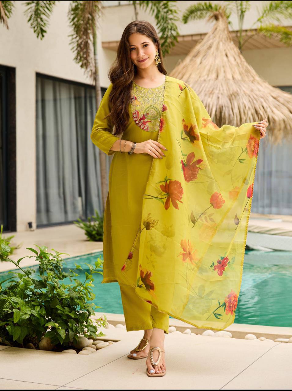 Symmetrical Mustard Rayon Embroidered Work Suit Set