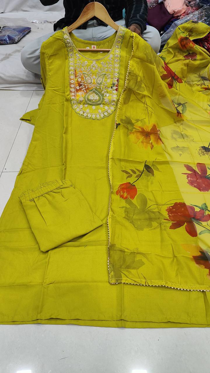 Symmetrical Mustard Rayon Embroidered Work Suit Set