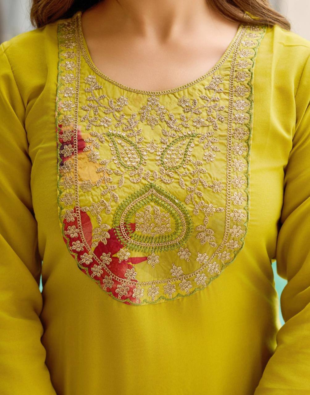 Symmetrical Mustard Rayon Embroidered Work Suit Set