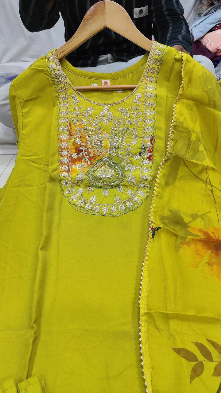 Symmetrical Mustard Rayon Embroidered Work Suit Set