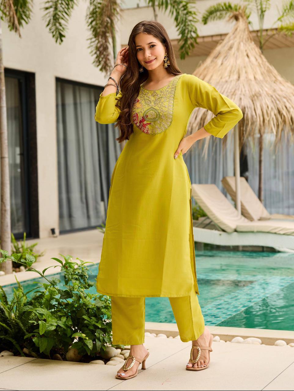 Symmetrical Mustard Rayon Embroidered Work Suit Set