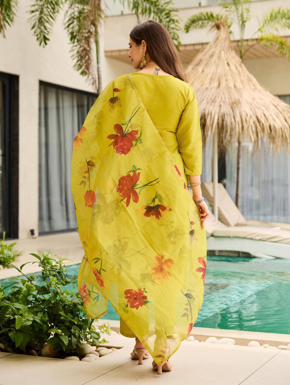 Symmetrical Mustard Rayon Embroidered Work Suit Set