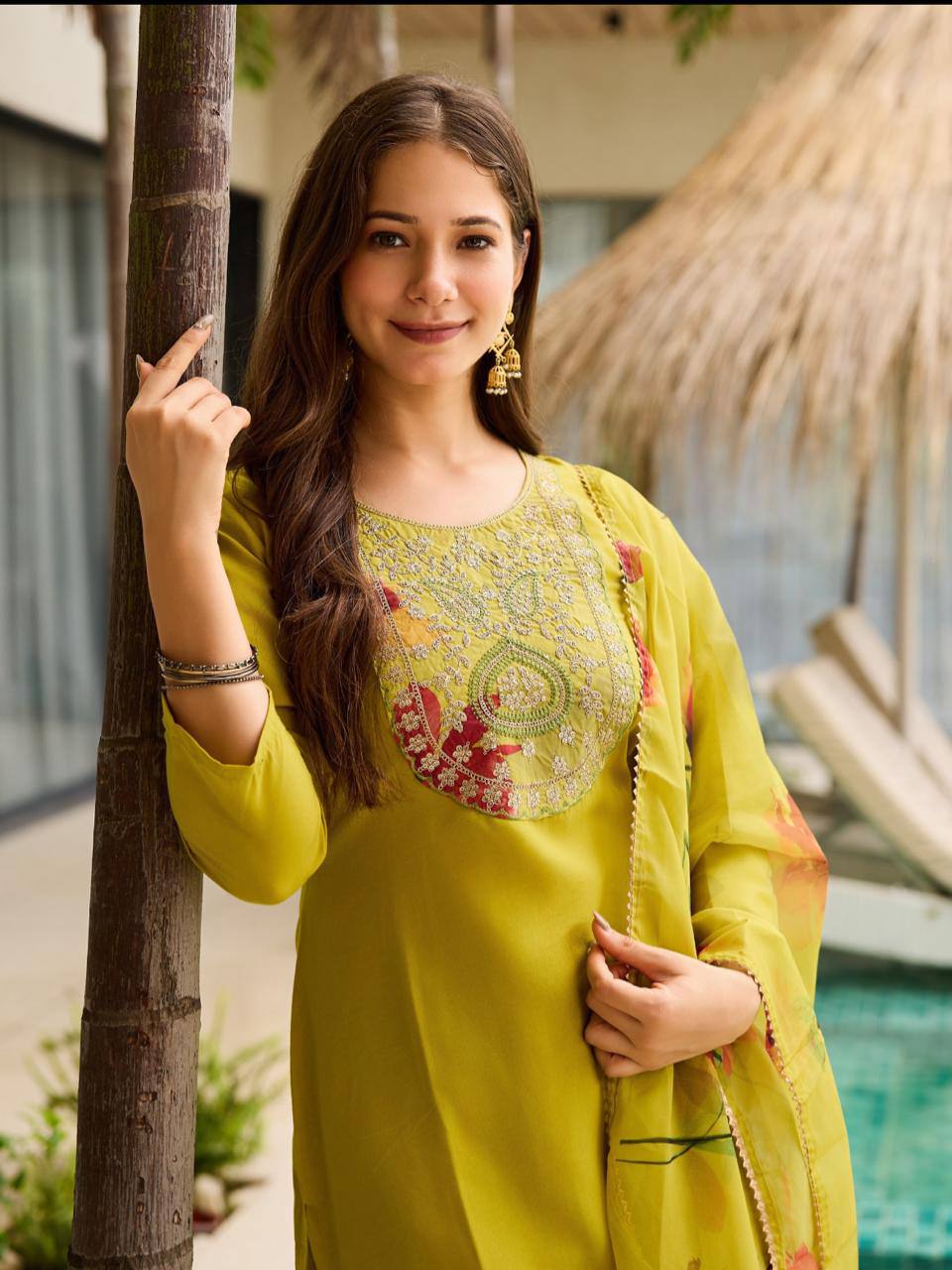 Symmetrical Mustard Rayon Embroidered Work Suit Set