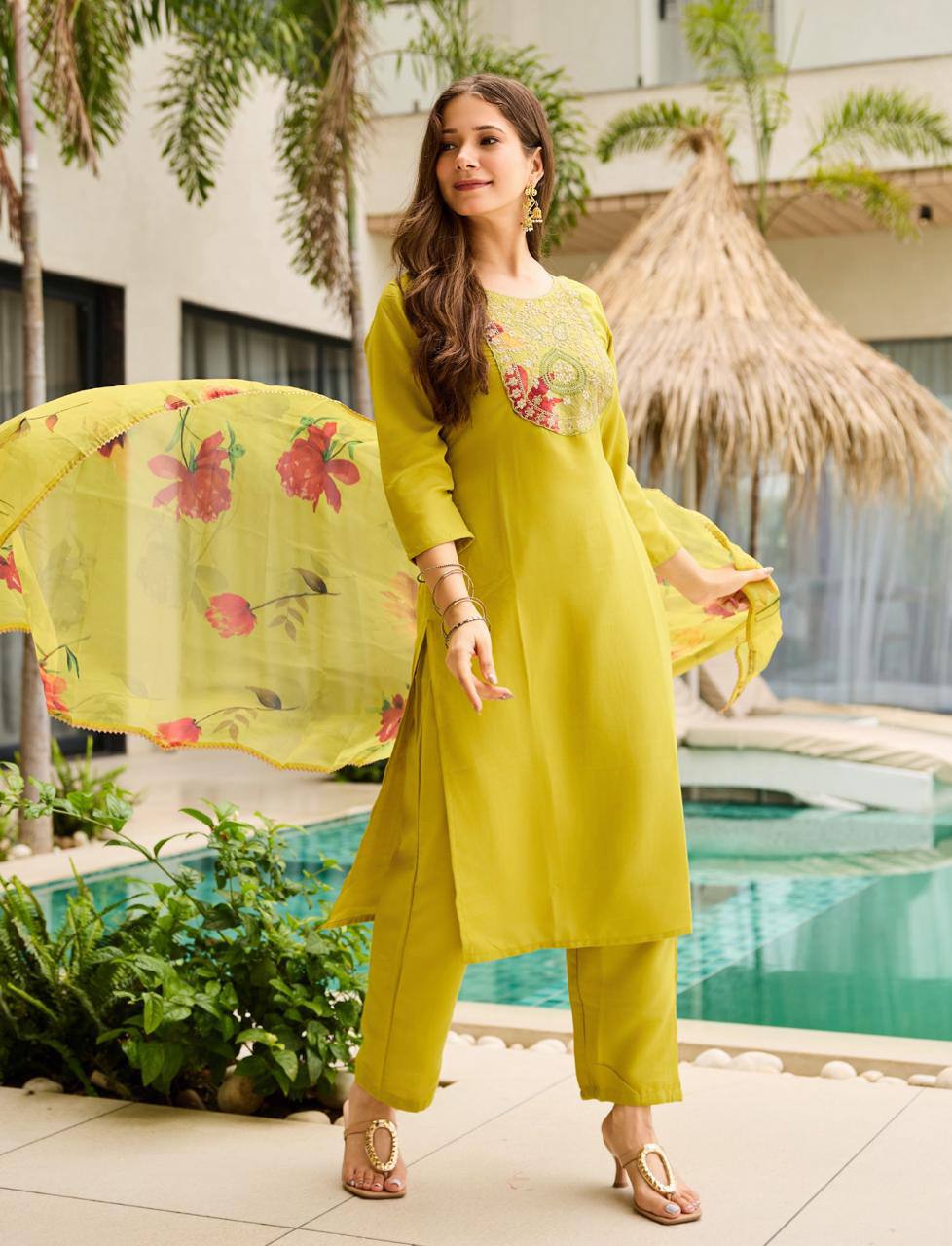 Symmetrical Mustard Rayon Embroidered Work Suit Set