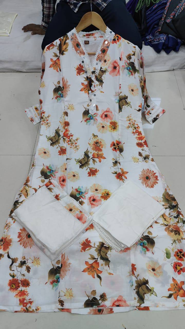 Blooming Off White Mul Cotten Flower Printed Suit Set