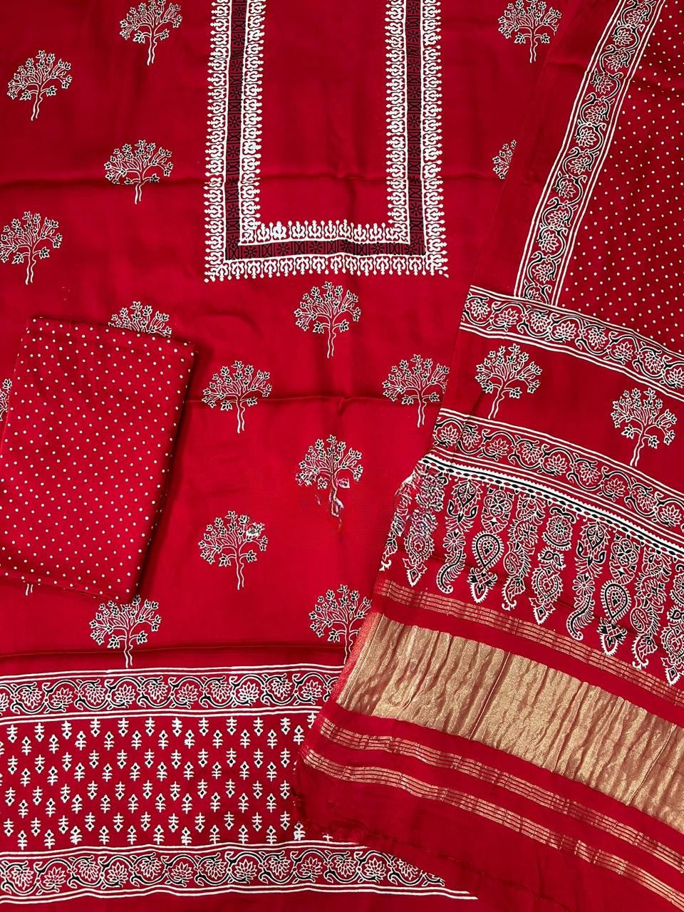 Soothing Red Original Natural Ajrakh Print 3 pc Pure Modal Silk Unstitched Suit Set