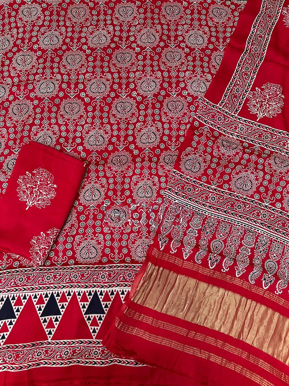 Gratifying Red Original Natural Ajrakh Print 3 pc Pure Modal Silk Unstitched Suit Set