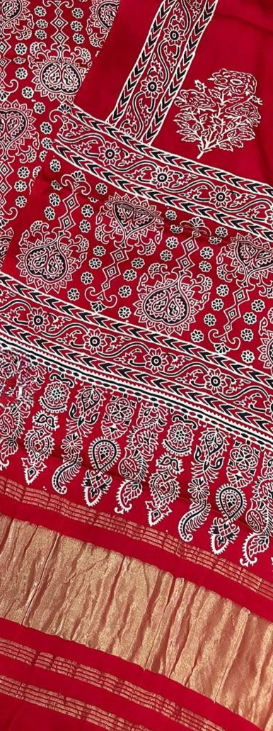 Gratifying Red Original Natural Ajrakh Print 3 pc Pure Modal Silk Unstitched Suit Set