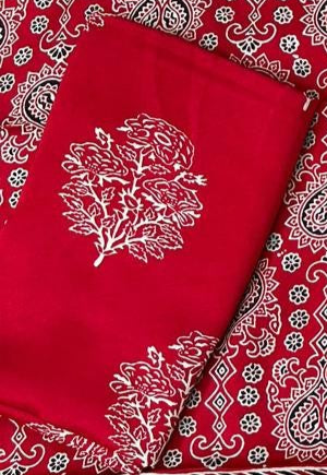 Gratifying Red Original Natural Ajrakh Print 3 pc Pure Modal Silk Unstitched Suit Set