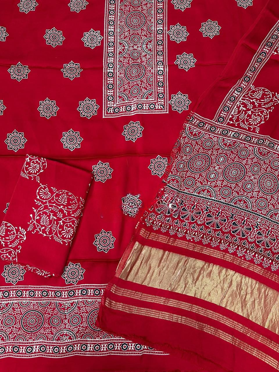 Captivating Red Original Natural Ajrakh Print 3 pc Pure Modal Silk Unstitched Suit Set