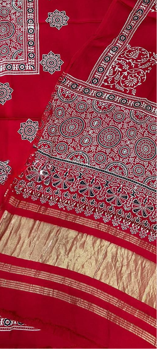 Captivating Red Original Natural Ajrakh Print 3 pc Pure Modal Silk Unstitched Suit Set