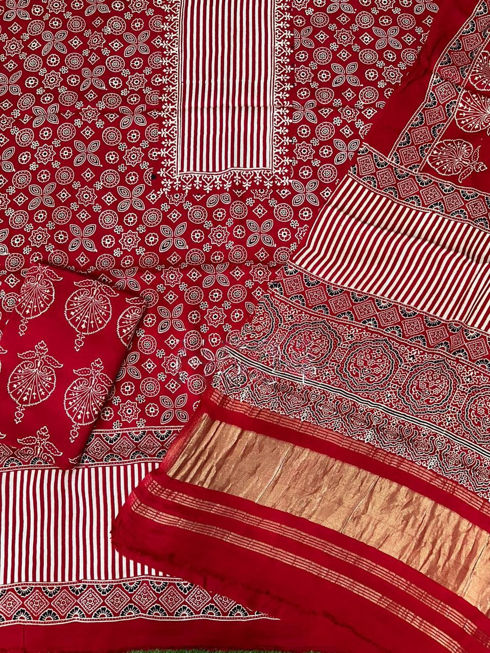 Zephyr Red Original Natural Ajrakh Print 3 pc Pure Modal Silk Unstitched Suit Set