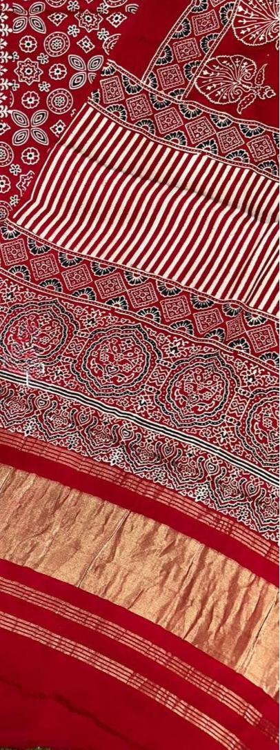 Zephyr Red Original Natural Ajrakh Print 3 pc Pure Modal Silk Unstitched Suit Set
