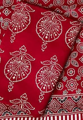 Zephyr Red Original Natural Ajrakh Print 3 pc Pure Modal Silk Unstitched Suit Set