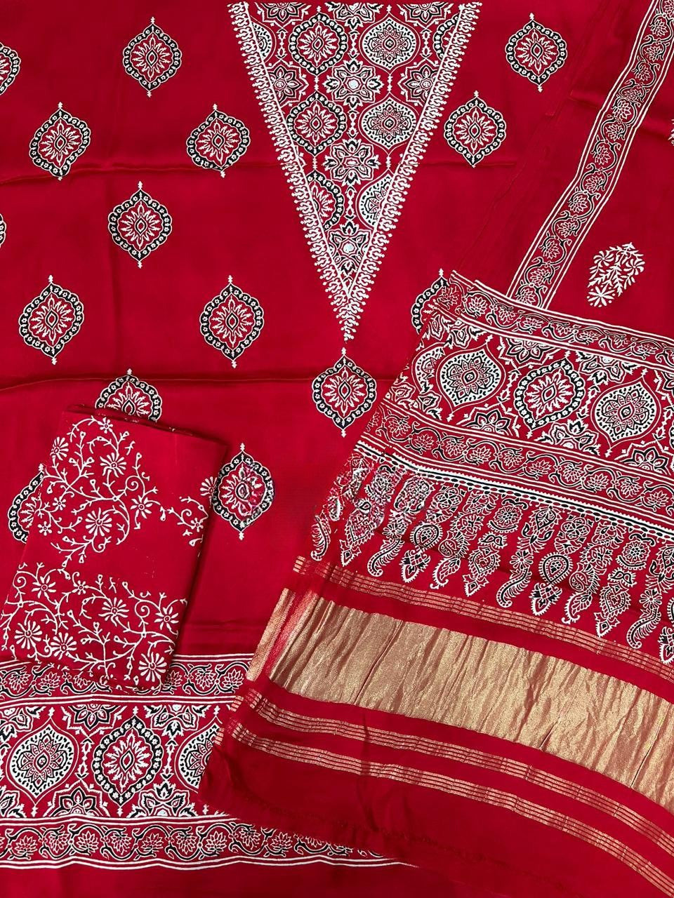 Delicate Red Original Natural Ajrakh Print 3 pc Pure Modal Silk Unstitched Suit Set