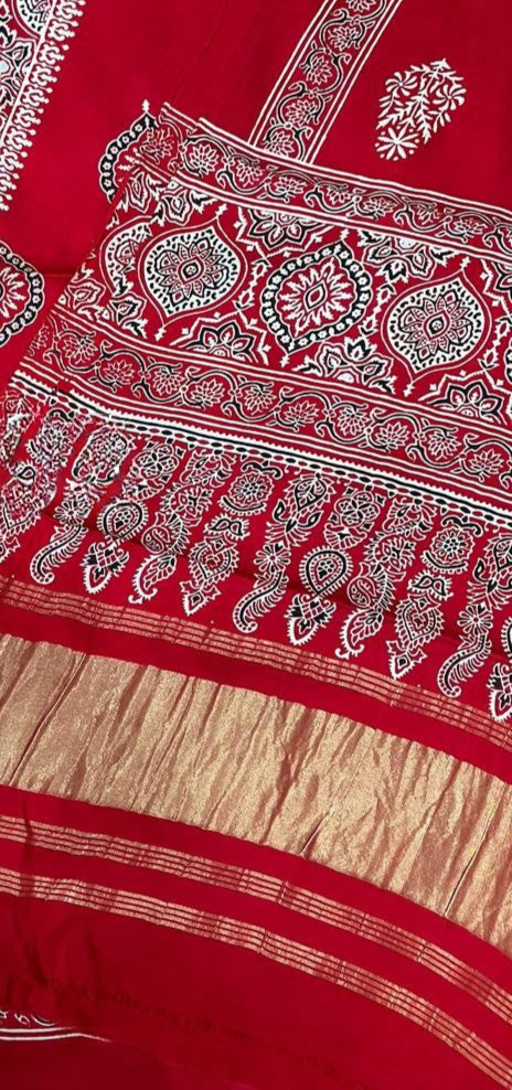 Delicate Red Original Natural Ajrakh Print 3 pc Pure Modal Silk Unstitched Suit Set