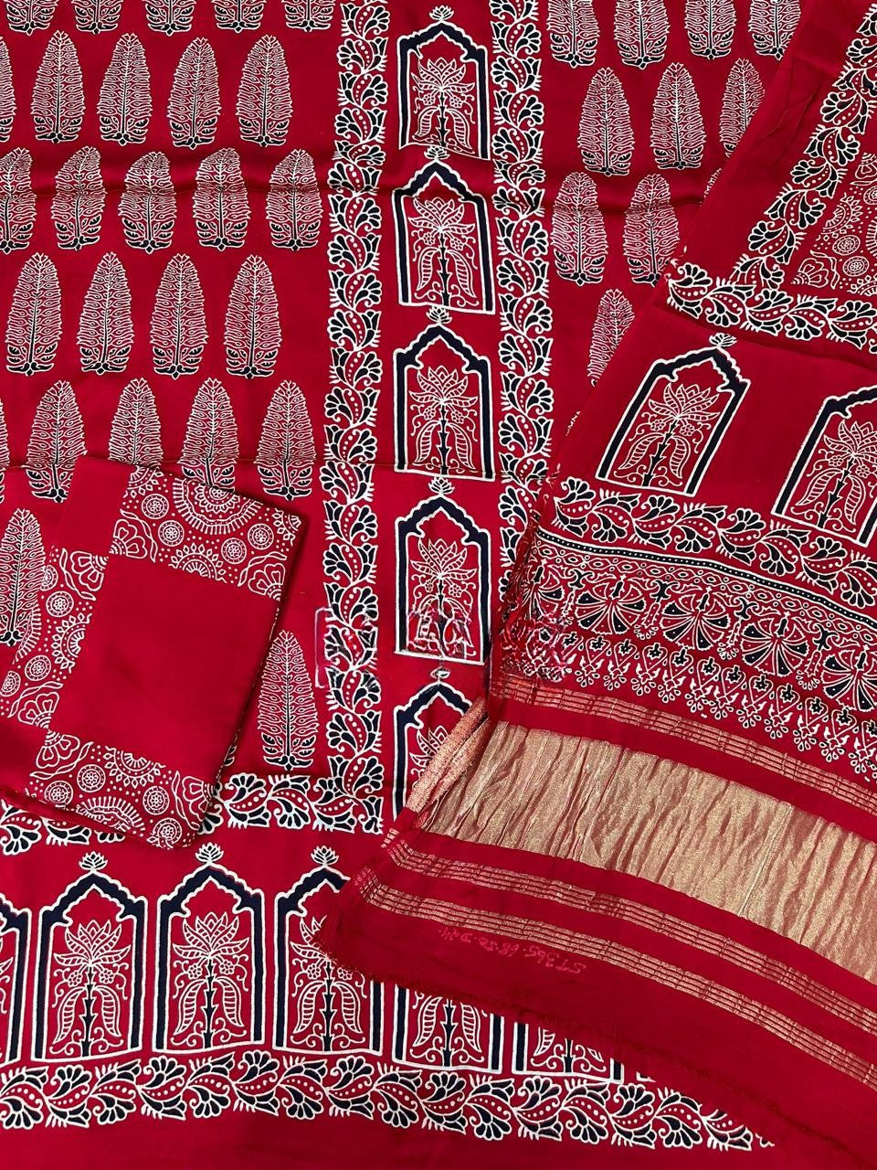 Charming Red Original Natural Ajrakh Print 3 pc Pure Modal Silk Unstitched Suit Set