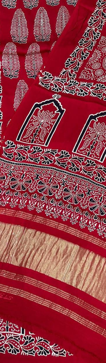 Charming Red Original Natural Ajrakh Print 3 pc Pure Modal Silk Unstitched Suit Set