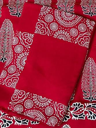 Charming Red Original Natural Ajrakh Print 3 pc Pure Modal Silk Unstitched Suit Set