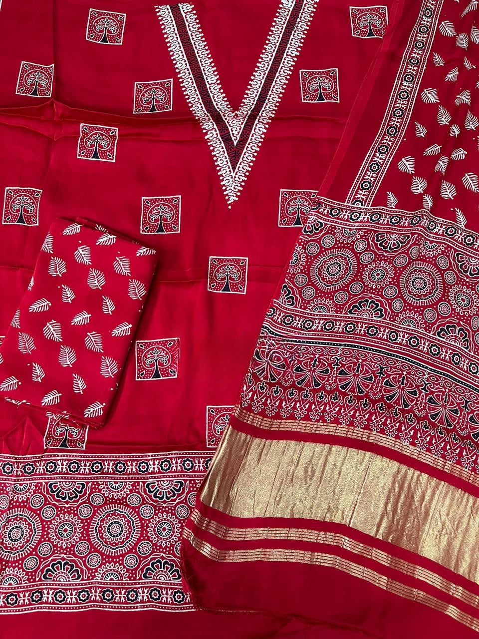 Enchanting Red Original Natural Ajrakh Print 3 pc Pure Modal Silk Unstitched Suit Set
