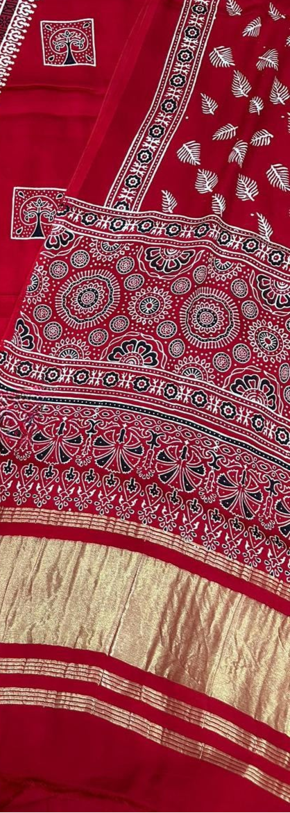 Enchanting Red Original Natural Ajrakh Print 3 pc Pure Modal Silk Unstitched Suit Set
