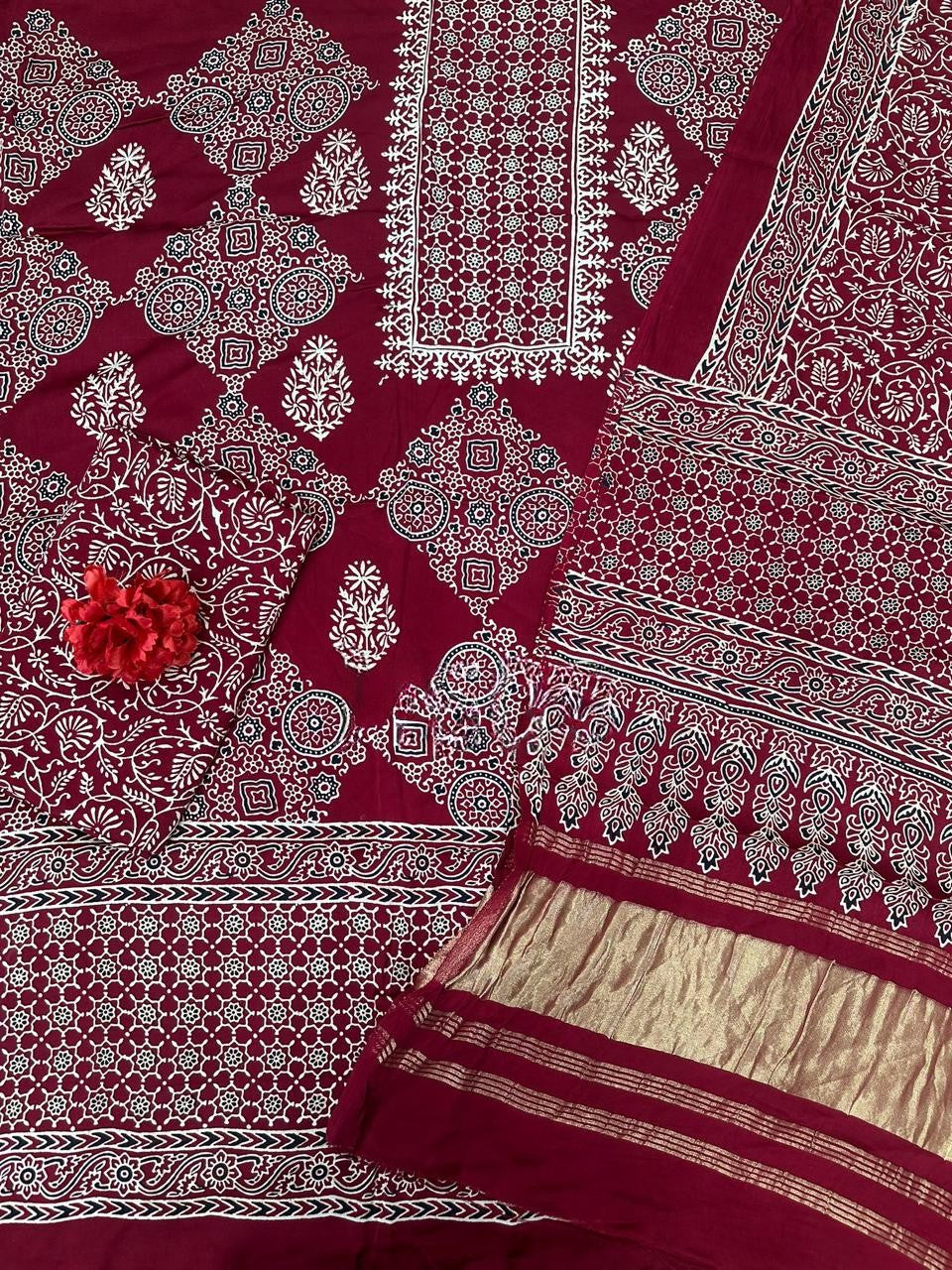 Deserving Maroon Original Natural Ajrakh Print 3 pc Pure Modal Silk Unstitched Suit Set