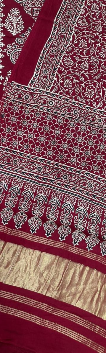 Deserving Maroon Original Natural Ajrakh Print 3 pc Pure Modal Silk Unstitched Suit Set