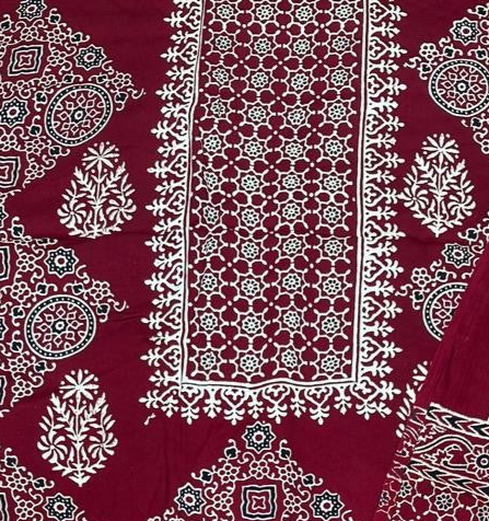 Deserving Maroon Original Natural Ajrakh Print 3 pc Pure Modal Silk Unstitched Suit Set
