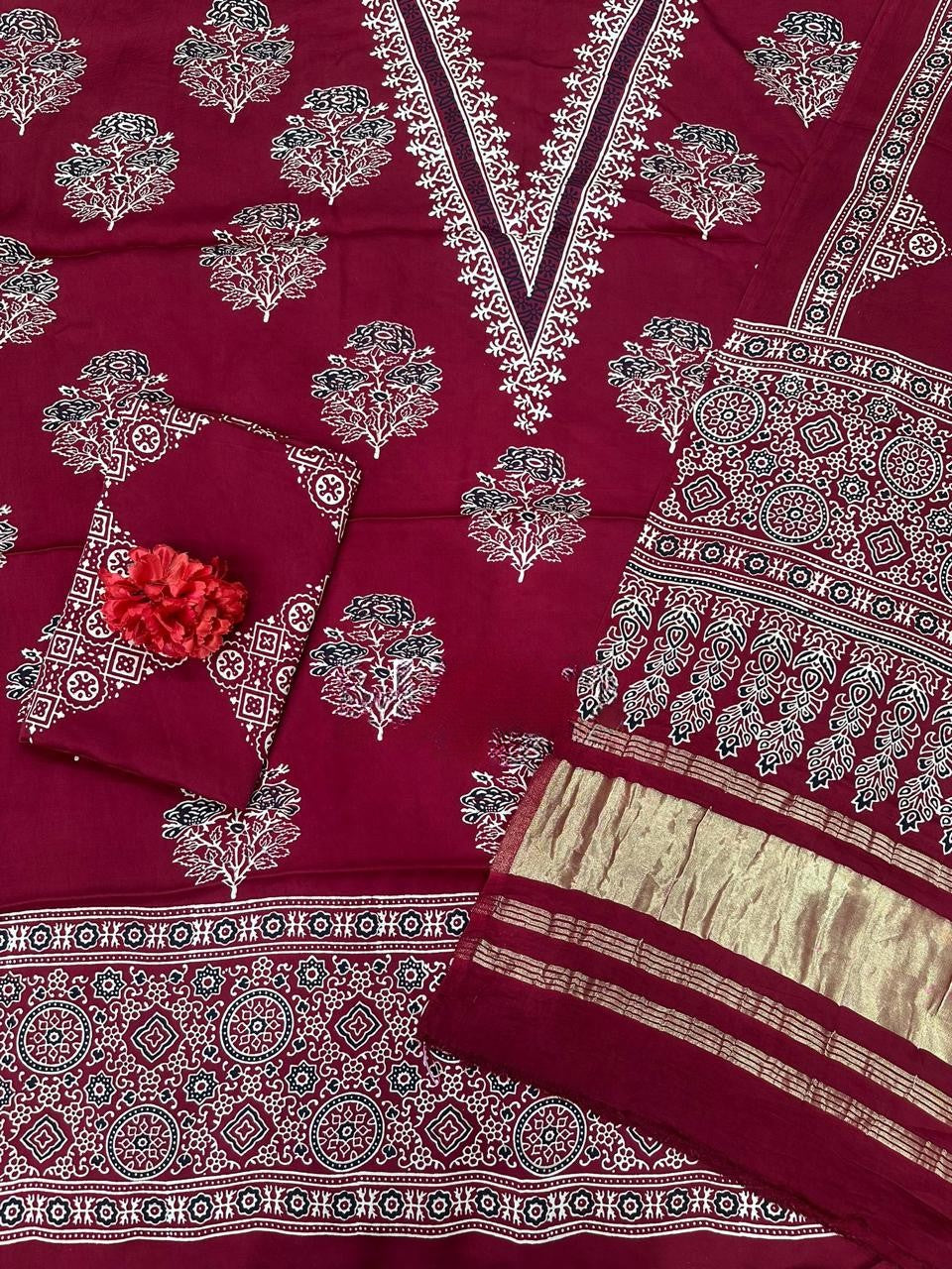 Exemplary Maroon Original Natural Ajrakh Print 3 pc Pure Modal Silk Unstitched Suit Set