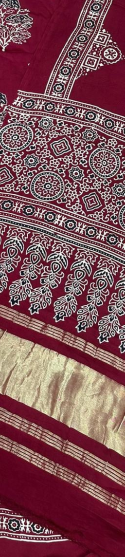 Exemplary Maroon Original Natural Ajrakh Print 3 pc Pure Modal Silk Unstitched Suit Set