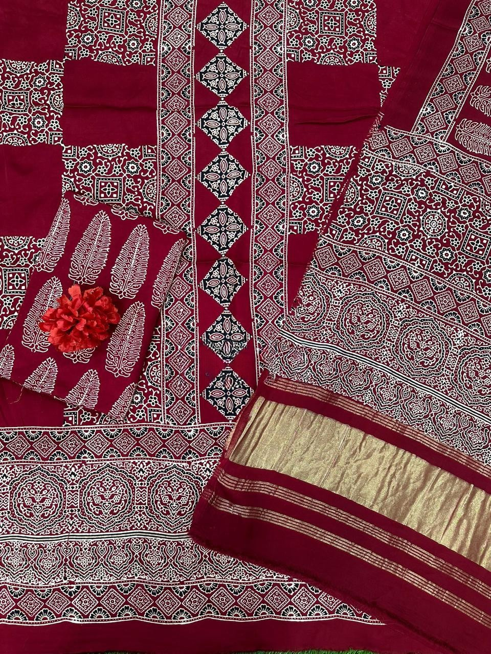 Elegant Maroon Original Natural Ajrakh Print 3 pc Pure Modal Silk Unstitched Suit Set
