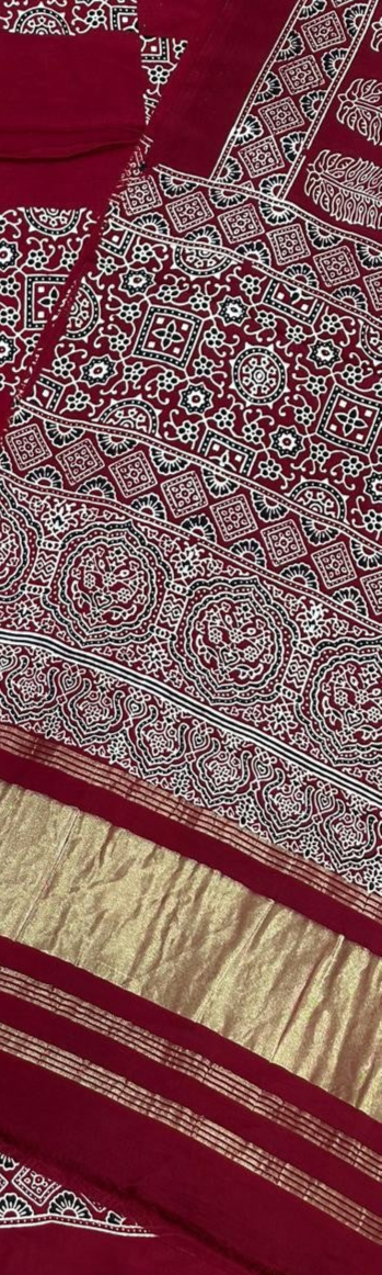 Elegant Maroon Original Natural Ajrakh Print 3 pc Pure Modal Silk Unstitched Suit Set