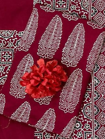 Elegant Maroon Original Natural Ajrakh Print 3 pc Pure Modal Silk Unstitched Suit Set