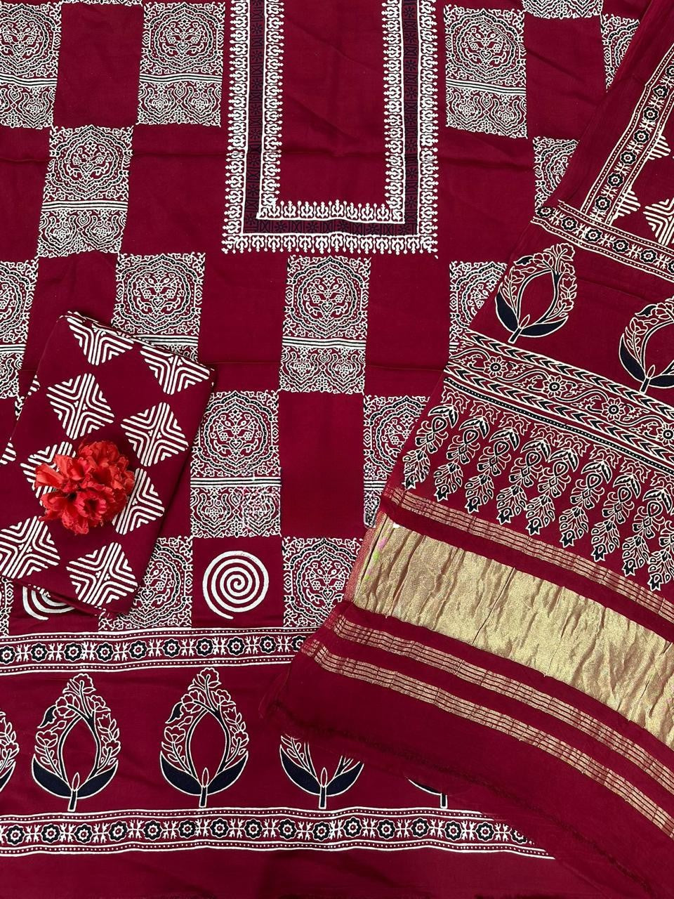 Decorative Maroon Original Natural Ajrakh Print 3 pc Pure Modal Silk Unstitched Suit Set