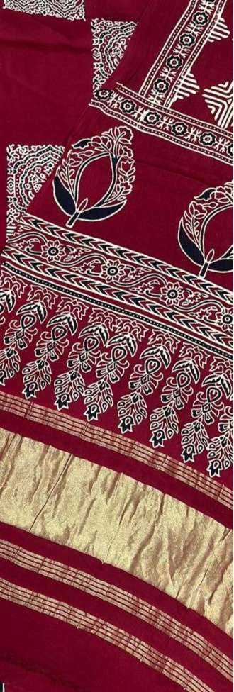 Decorative Maroon Original Natural Ajrakh Print 3 pc Pure Modal Silk Unstitched Suit Set