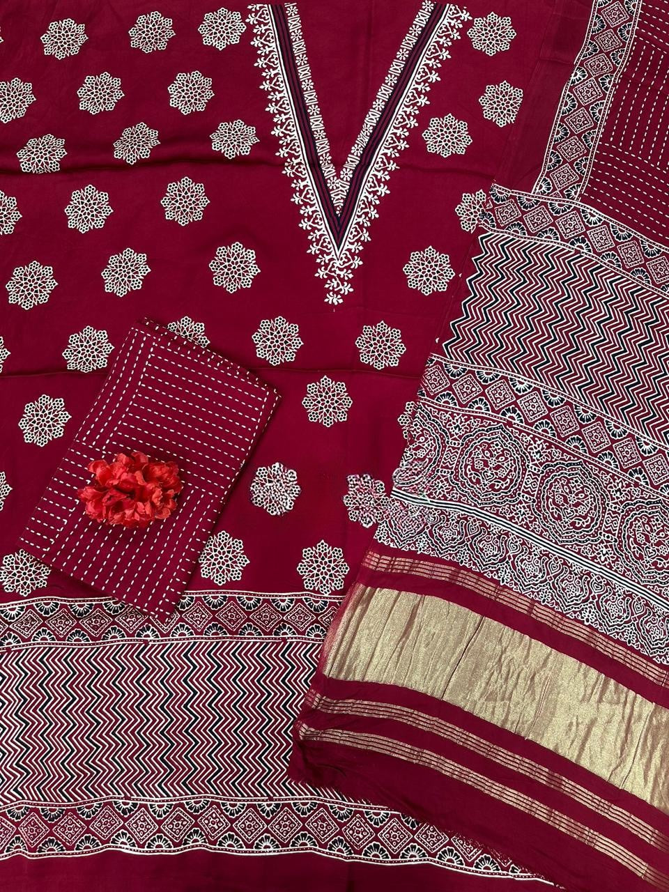 Stunning Maroon Original Natural Ajrakh Print 3 pc Pure Modal Silk Unstitched Suit Set